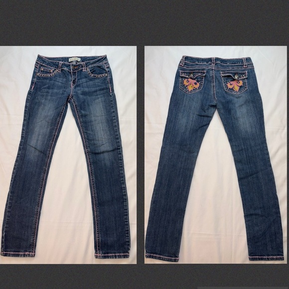 Miss Chic Vintage Size 7 Dark Wash Pink Accent Low Rise Skinny Jeans - Picture 1 of 12